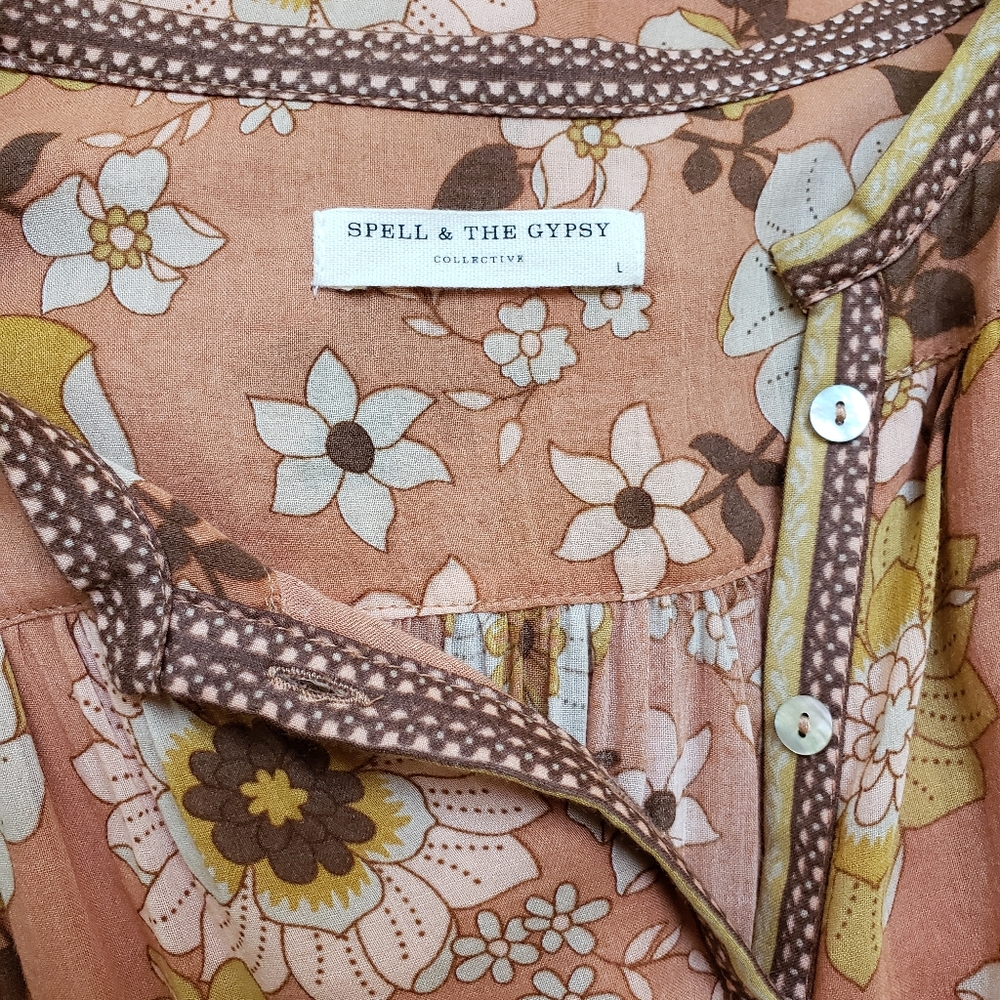 Spell & The Gypsy Buttercup Sunrise Maxi Dress L Floral Bell Sleeve Button Down - Picture 8 of 11